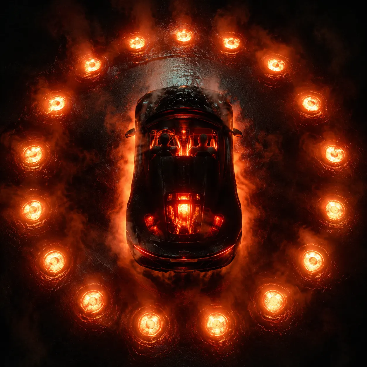 A black car viewed from above inside a circle of glowing turbine lights and fire