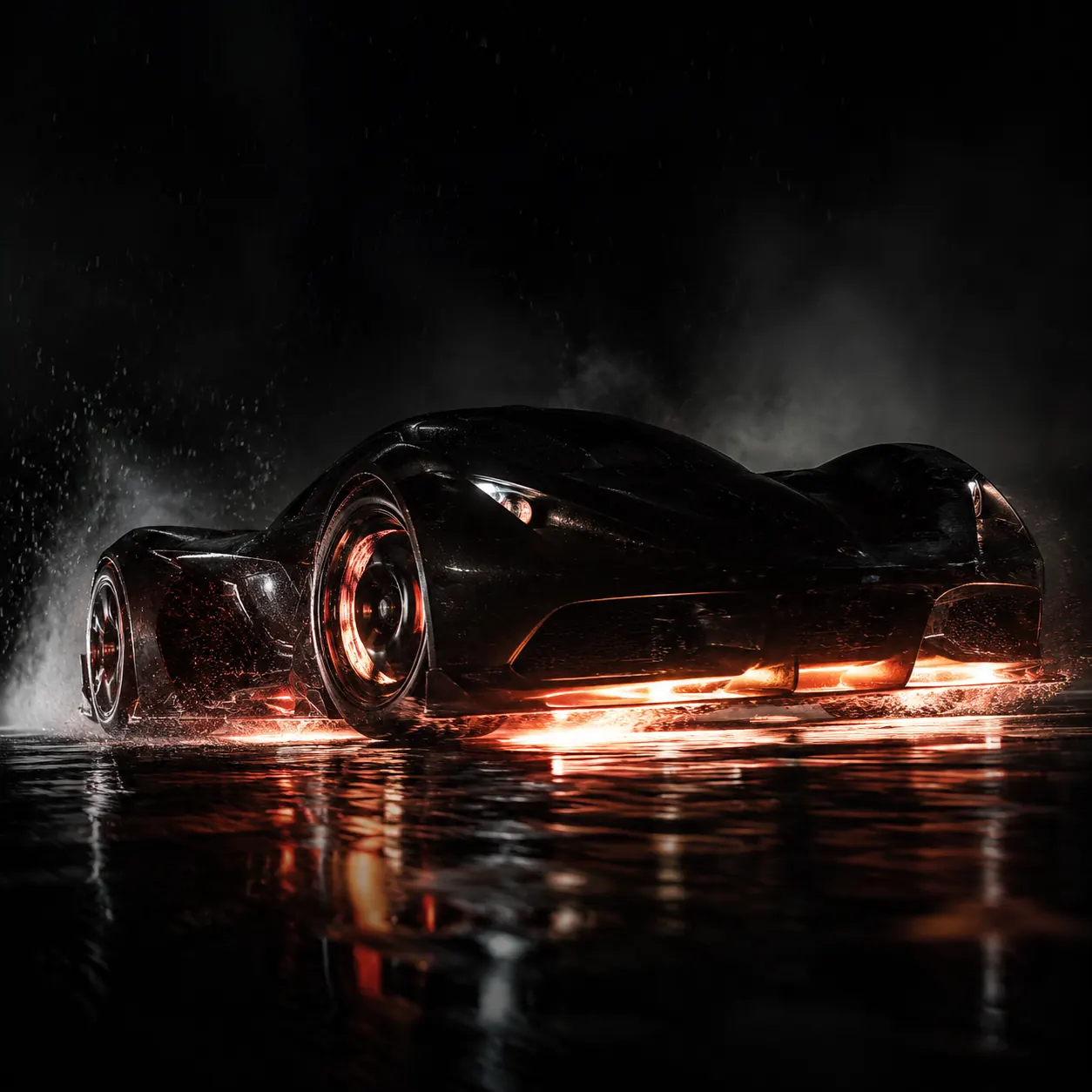 A black performance car standing alone in a dark wet studio under a narrow red glow