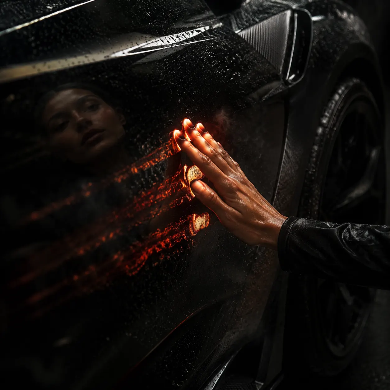 A hand resting against the wet black body of a car under ember light