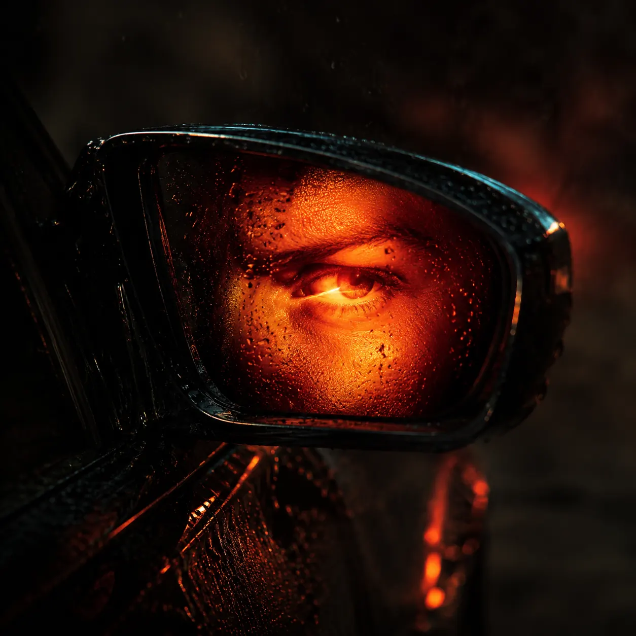 A red-lit eye reflected in a rain-covered black side mirror