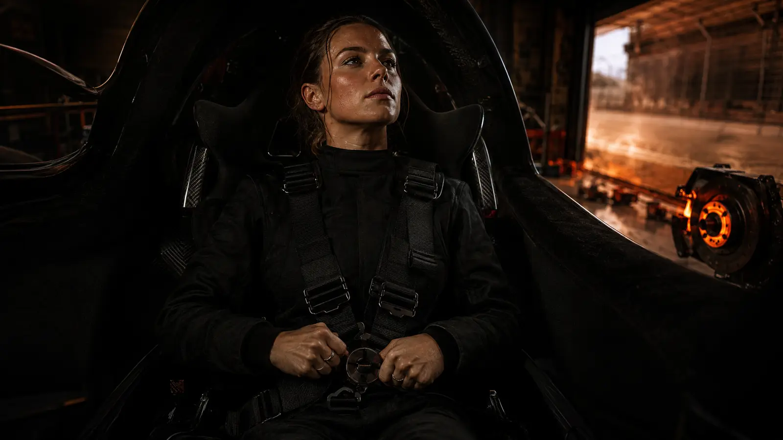 A woman beside a black car at a wet red-lit fuel stop