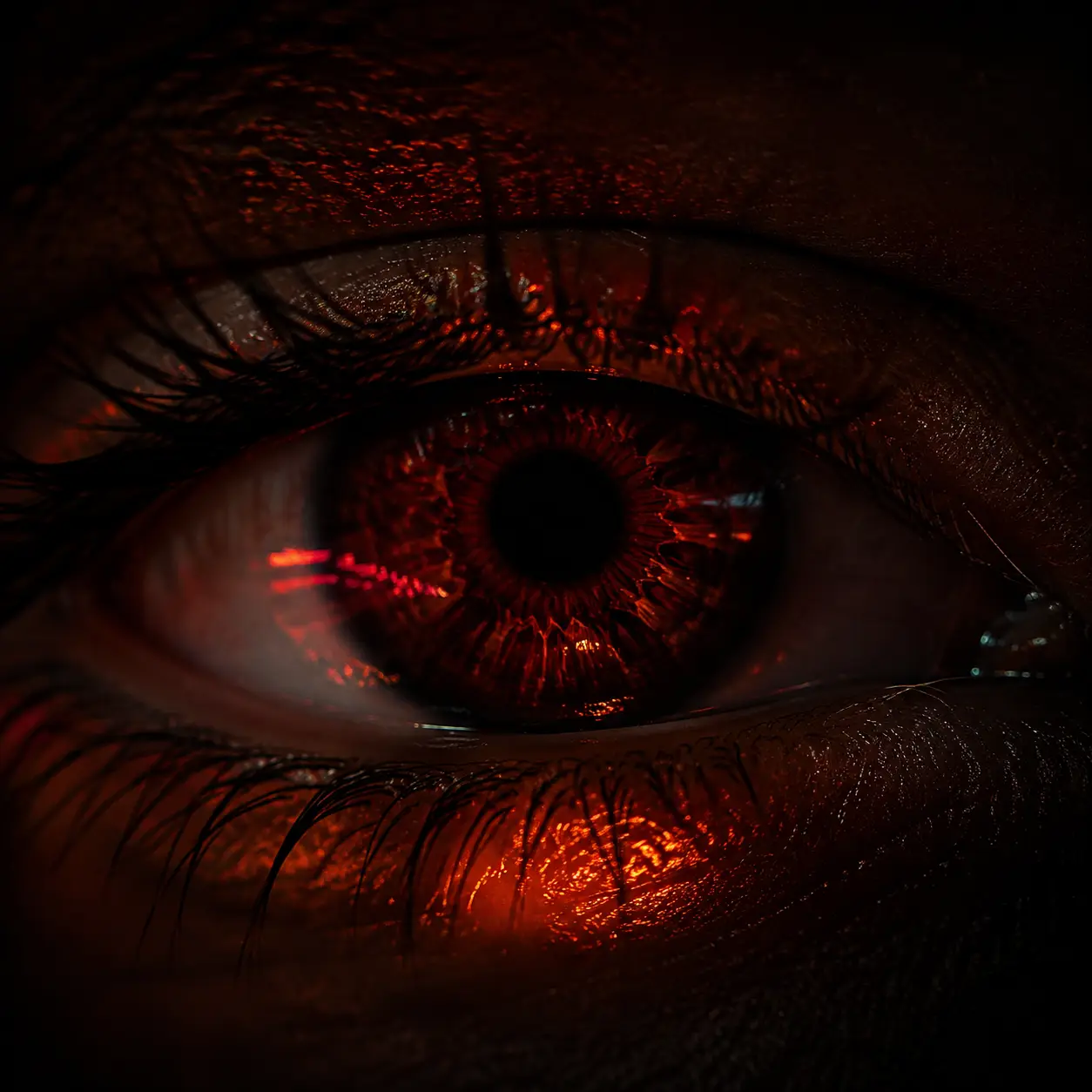 An ember-red mechanical aperture glowing in darkness