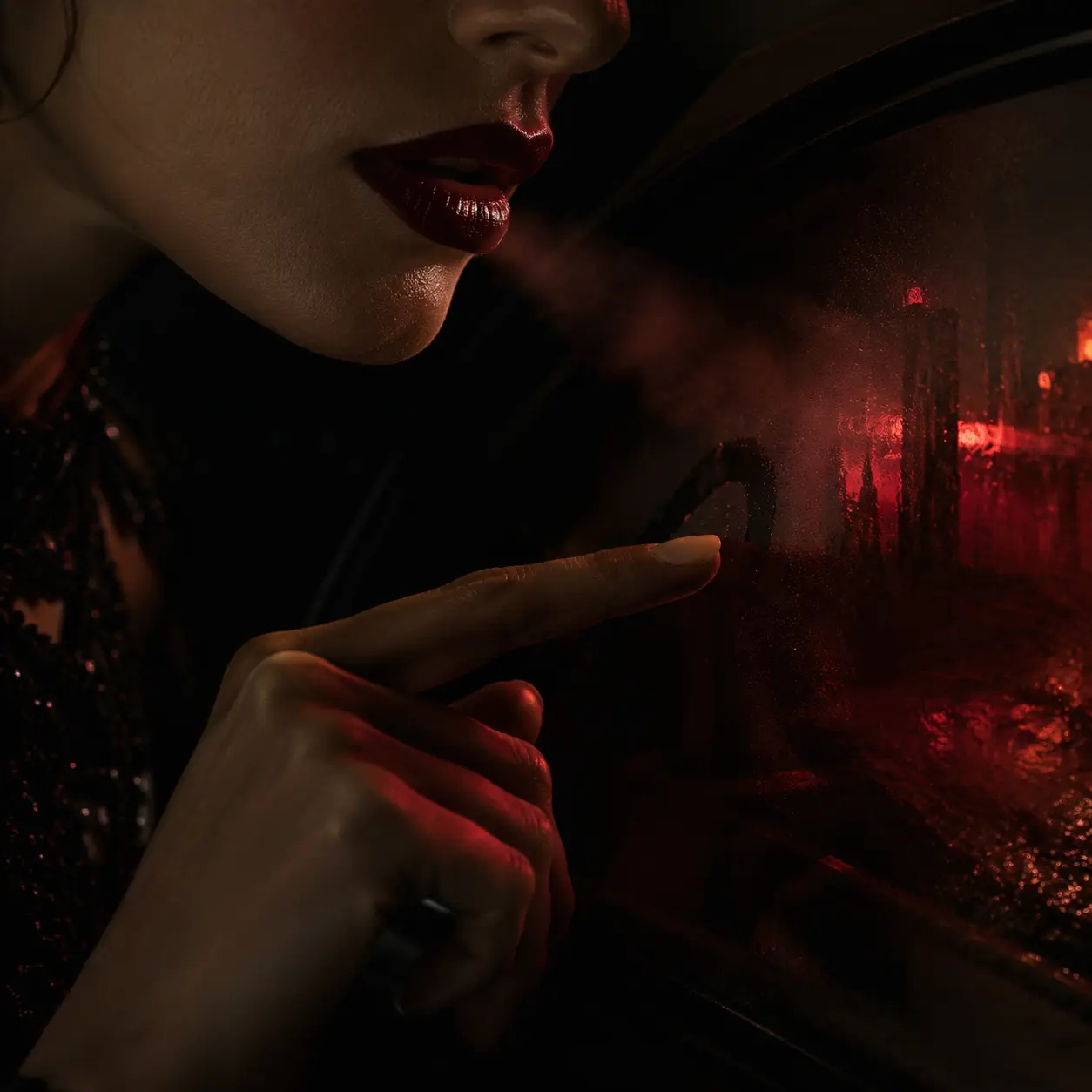 A black performance engine lit by glowing red runners