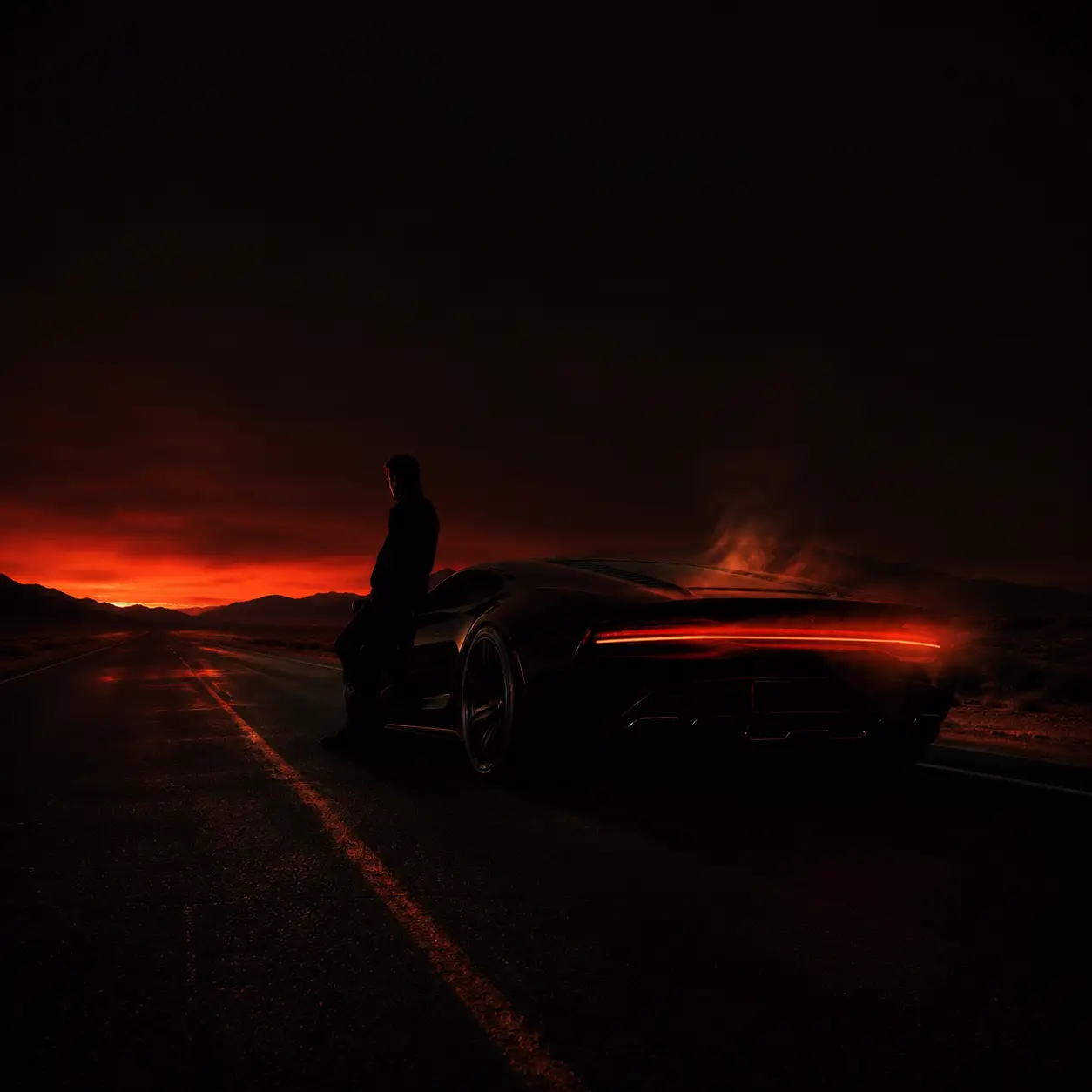 A face seen through a wet windshield under ember light