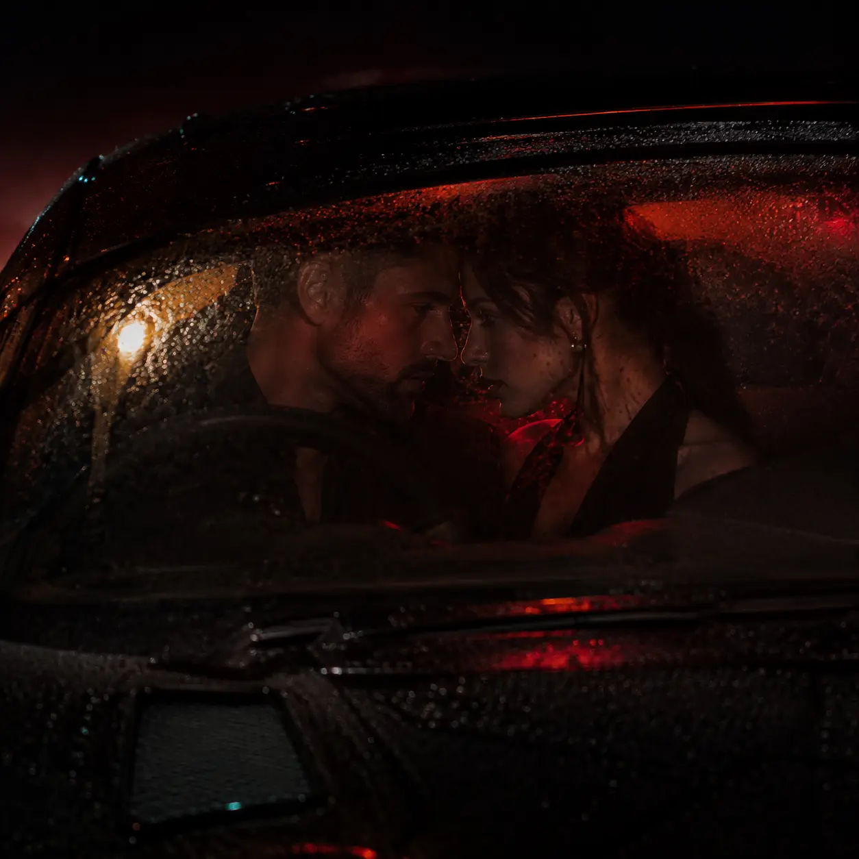 A woman standing in rain beside an open black car door