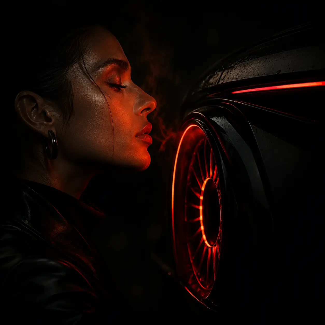 Twin exhaust barrels breathing red heat into darkness