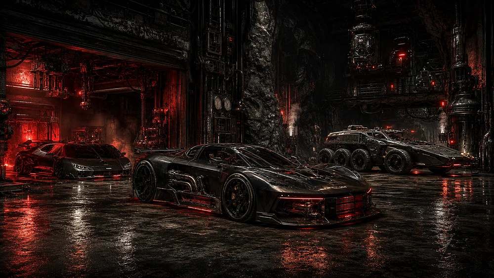 The HEATSOAK garage: an underground rock bay lit in red, with a black supercar at the center, a low coupe to the left, and an armored six wheeled hauler to the right