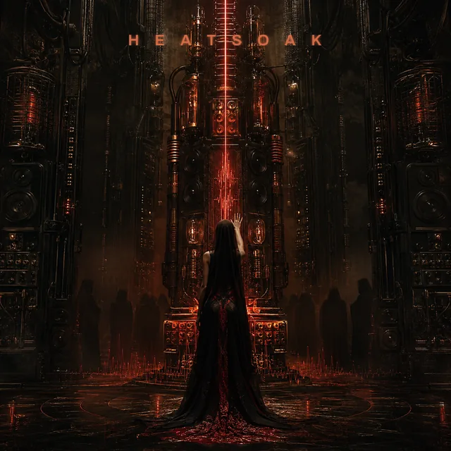 Ritual Static album artwork by HEATSOAK, a robed figure with one hand raised to a cathedral sized stack of speakers and tube machinery